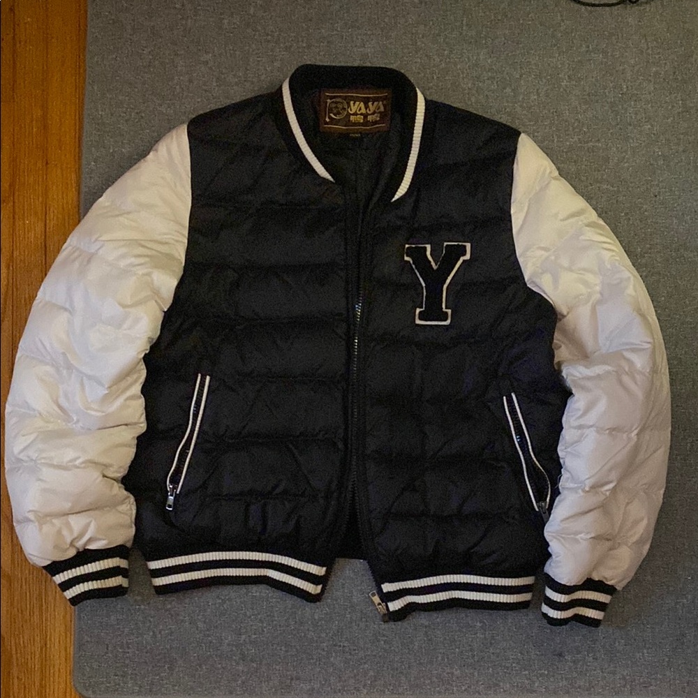 Black and White Quilted Varsity Bomber Jacket